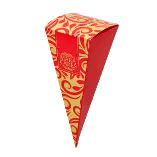 Embalagem para cone trufado personalizada Mara Cakes em papel triplex 300g, vista frontal com estampa vermelha e dourada.
