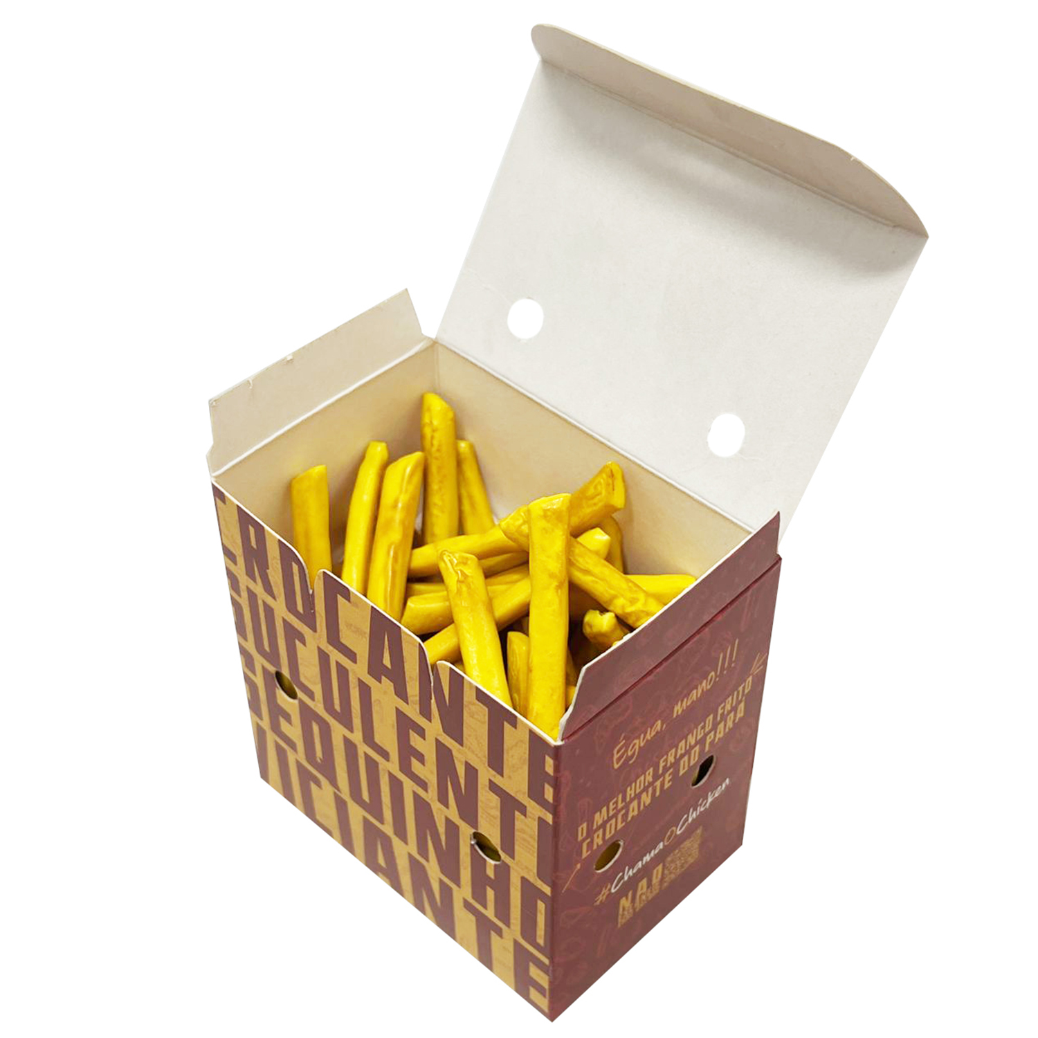 Embalagem personalizada para frituras PP com fechamento basculante e fundo automático.