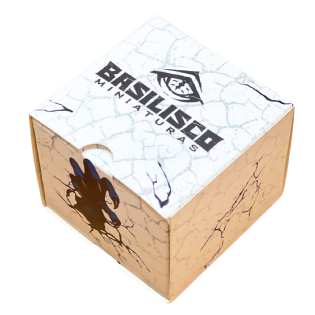Embalagem gaveta personalizada 7x7x6 cm em papel triplex 250g com arte exclusiva Basilisco Miniaturas.
