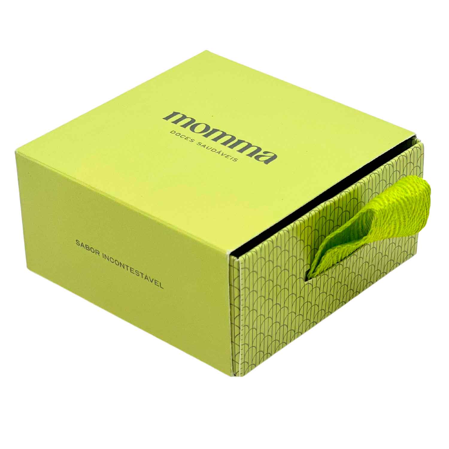 Embalagem gaveta personalizada 8x8x4 cm com puxador de fita verde