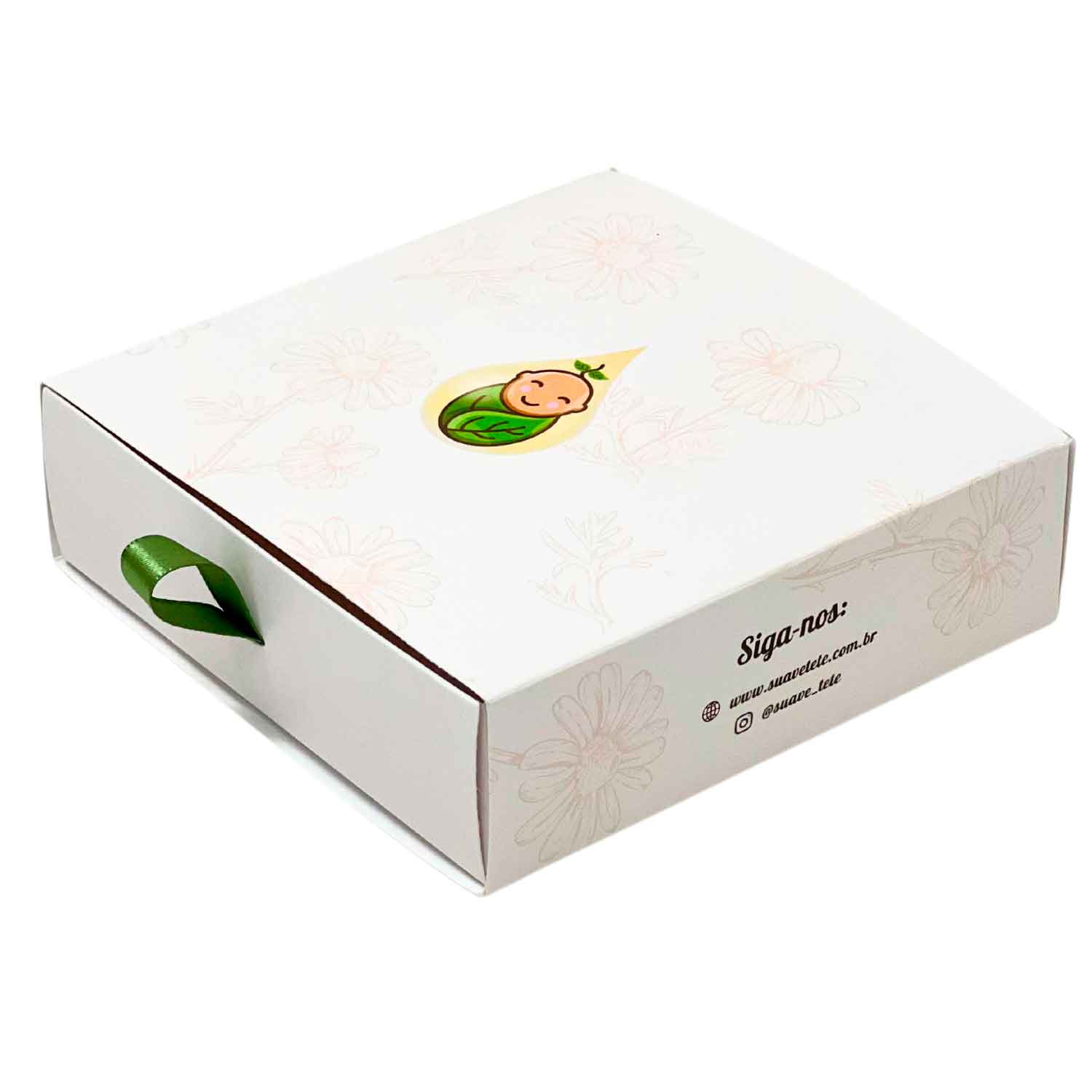 Embalagem gaveta personalizada branca com puxador de fita verde e estampa floral delicada, vista fechada.