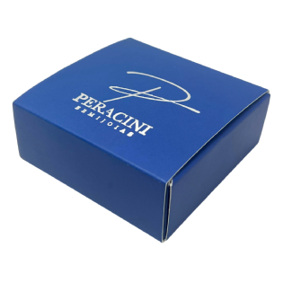 Embalagem gaveta personalizada azul 8x8x2,5 cm com hotstamping prata â Peracini Semijoias.