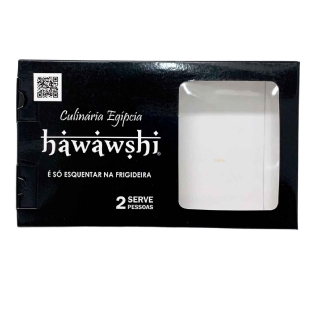 Visão frontal da caixa personalizada para hawawshi com visor transparente, ideal para expositores refrigerados.