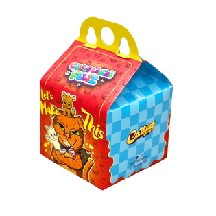 Embalagem maleta personalizada 11x11x9,5cm com design colorido e alça superior