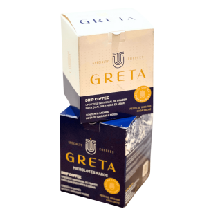 Duas embalagens personalizadas para drip coffee com acabamento de alto padrão.