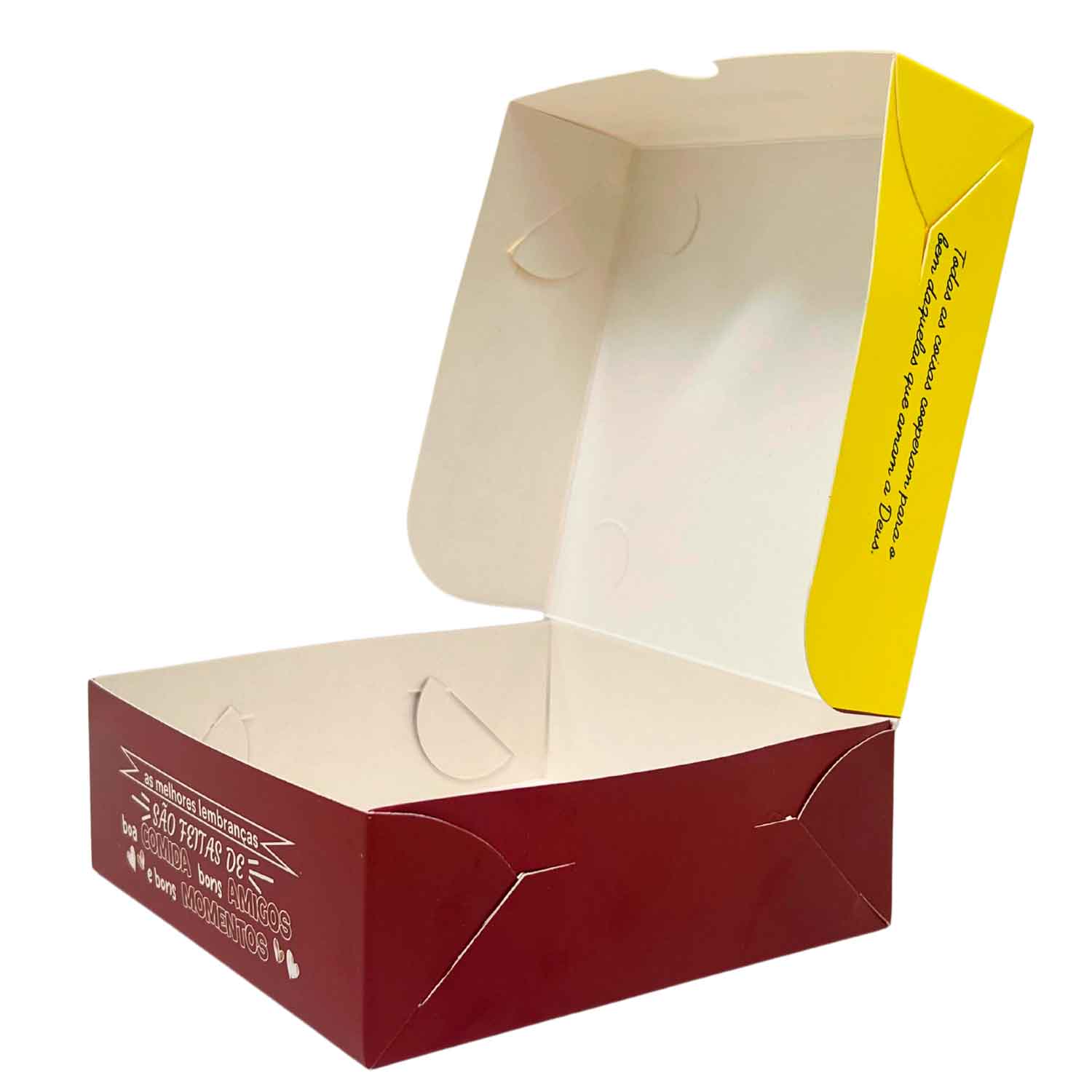 Embalagem para esfiha aberta mostrando interior em papel cartão triplex 300g com acabamento interno.