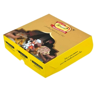 Embalagem personalizada para esfiha 14x14x5 cm com fechamento lateral, ideal para delivery.