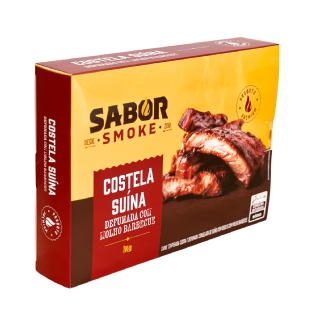 Embalagem personalizada para carnes defumadas com fechamento tipo cartucho e impressão colorida.