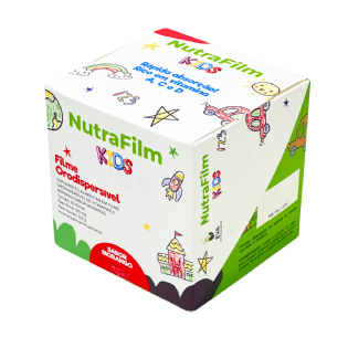 Embalagem personalizada para suplementos com arte colorida infantil NutraFilm Kids.