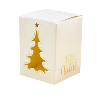 Embalagem personalizada para vela com visor em formato de árvore de Natal e acabamento sofisticado