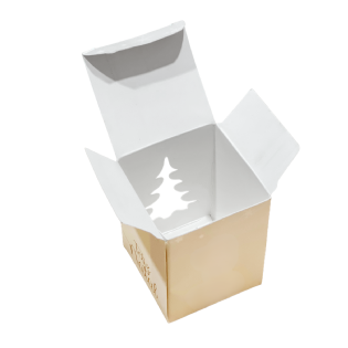 Caixa para vela artesanal com interior branco e visor decorativo em formato natalino