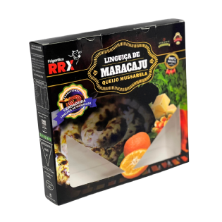 embalagem personalizada para linguiça Maracaju sabor queijo mussarela com impressão colorida e visor vazado frontal