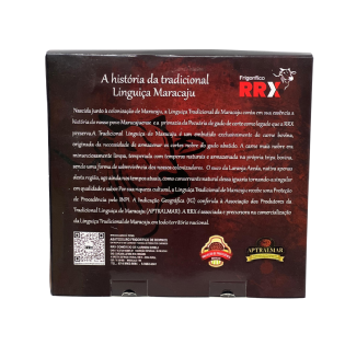 parte traseira da embalagem para linguiça Maracaju queijo mussarela com texto histórico e informações do produto