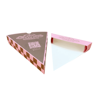 Caixa triangular personalizada para fatia de pizza com design elegante.
