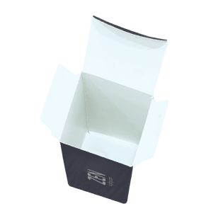 Embalagem personalizada aberta com interior branco e colagem lateral