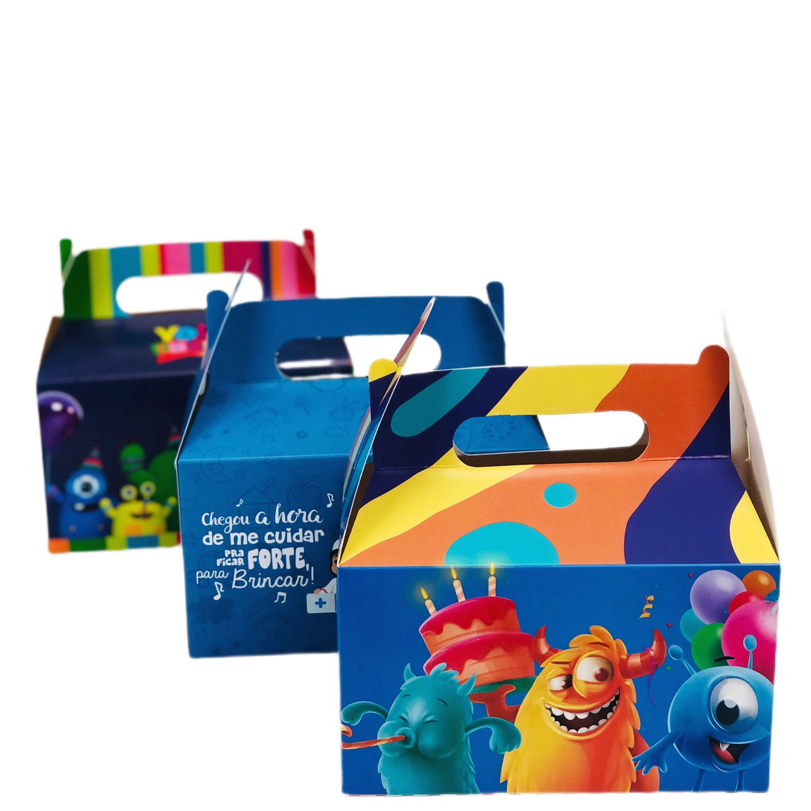 Embalagens de papel cartão em formato de maleta, 16,5 x 11 x 9,5 cm, design colorido e divertido, ideal para lanches, festas infantis, com alças e opção de personalização