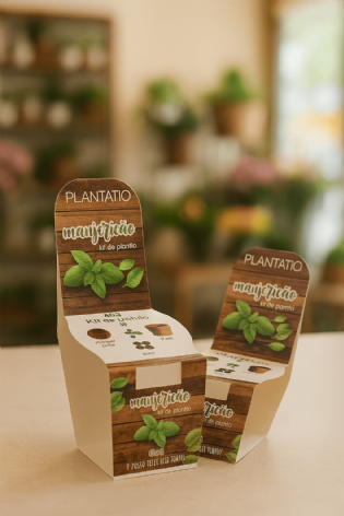 Kit de plantio de manjericão em embalagem de papelão 5,5x5x10 cm, ideal para lembranças, inclui instruções de plantio.