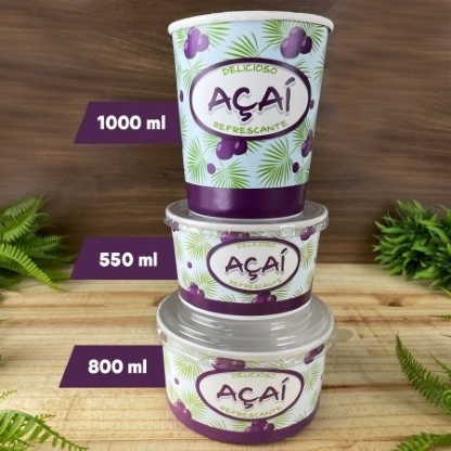 Pote Papel Descartavel C/ Tampa Para Açai 1000 Ml - 100 Unidades