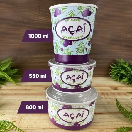 Pote Papel Descartavel C/ Tampa Para Açai 800 Ml - 50 Unidades