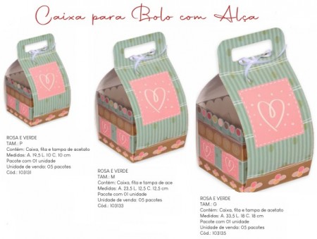 Caixa para Bolo com Alça Rosa e Verde - 1 unidade