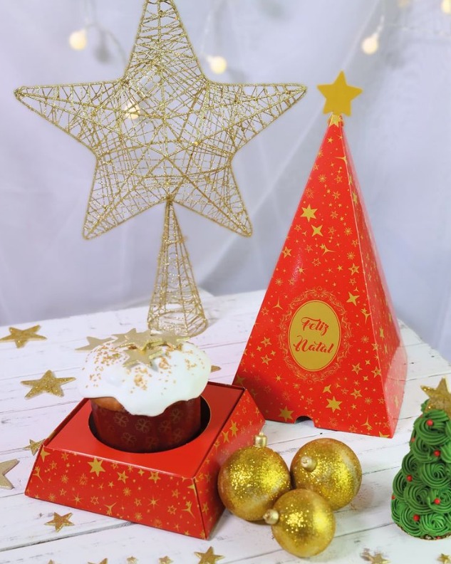 Caixa Arvore p/ Panetone 500g Natal Brilhante (20,2 x 20,2 x 35,6 cm) - 3 Unidades