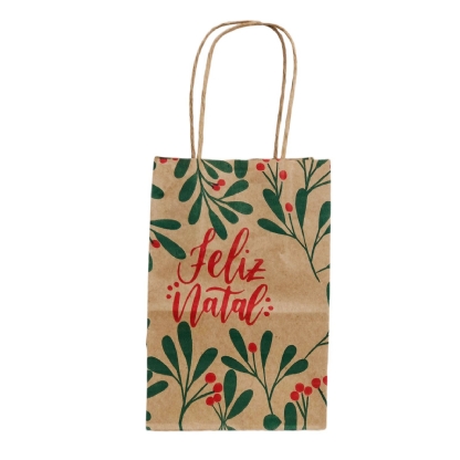 Sacola Kraft (12 x 8 x 18 cm)  Folhas de Natal - 100 unidades