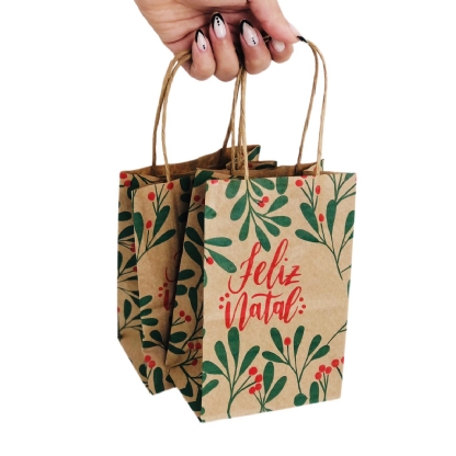 Sacola Kraft (12 x 8 x 18 cm)  Folhas de Natal - 100 unidades