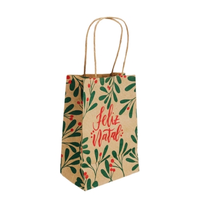 Sacola Kraft (12 x 8 x 18 cm)  Folhas de Natal - 100 unidades