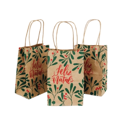 Sacola Kraft (12 x 8 x 18 cm)  Folhas de Natal - 100 unidades