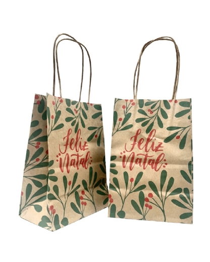 Sacola Kraft (12 x 8 x 18 cm)  Folhas de Natal - 100 unidades