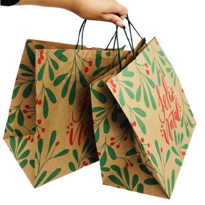 Sacola Kraft (31 x 19 x 31 cm) Folhas de Natal - 100 unidades