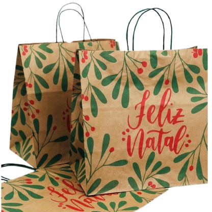 Sacola Kraft (31 x 19 x 31 cm) Folhas de Natal - 100 unidades