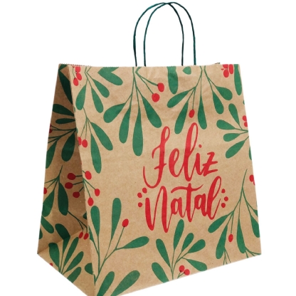 Sacola Kraft (31 x 19 x 31 cm) Folhas de Natal - 100 unidades