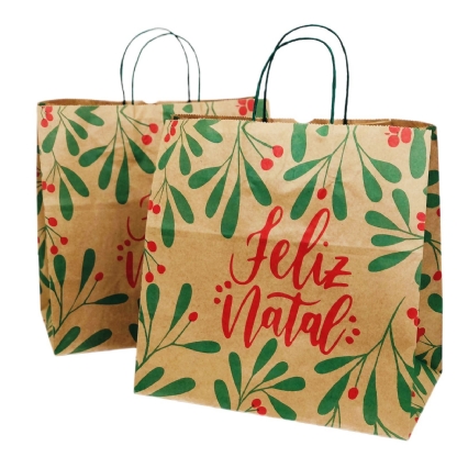 Sacola Kraft (31 x 19 x 31 cm) Folhas de Natal - 100 unidades
