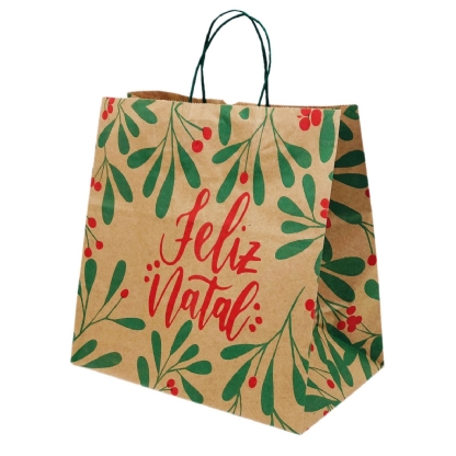 Sacola Kraft (31 x 19 x 31 cm) Folhas de Natal - 100 unidades