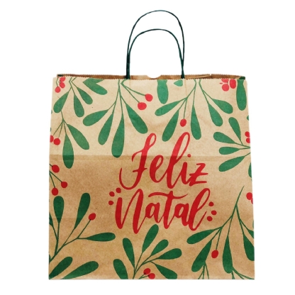 Sacola Kraft (31 x 19 x 31 cm) Folhas de Natal - 100 unidades