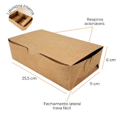 Embalagem Kraft Delivery c/ laminação Interna G (25,5 x 11 x 6 cm) c/ divisória - 100 unidades
