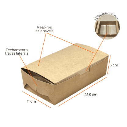 Embalagem Kraft Delivery c/ laminação Interna M (19 x 11 x 6 cm) c/ divisória - 100 Unidades