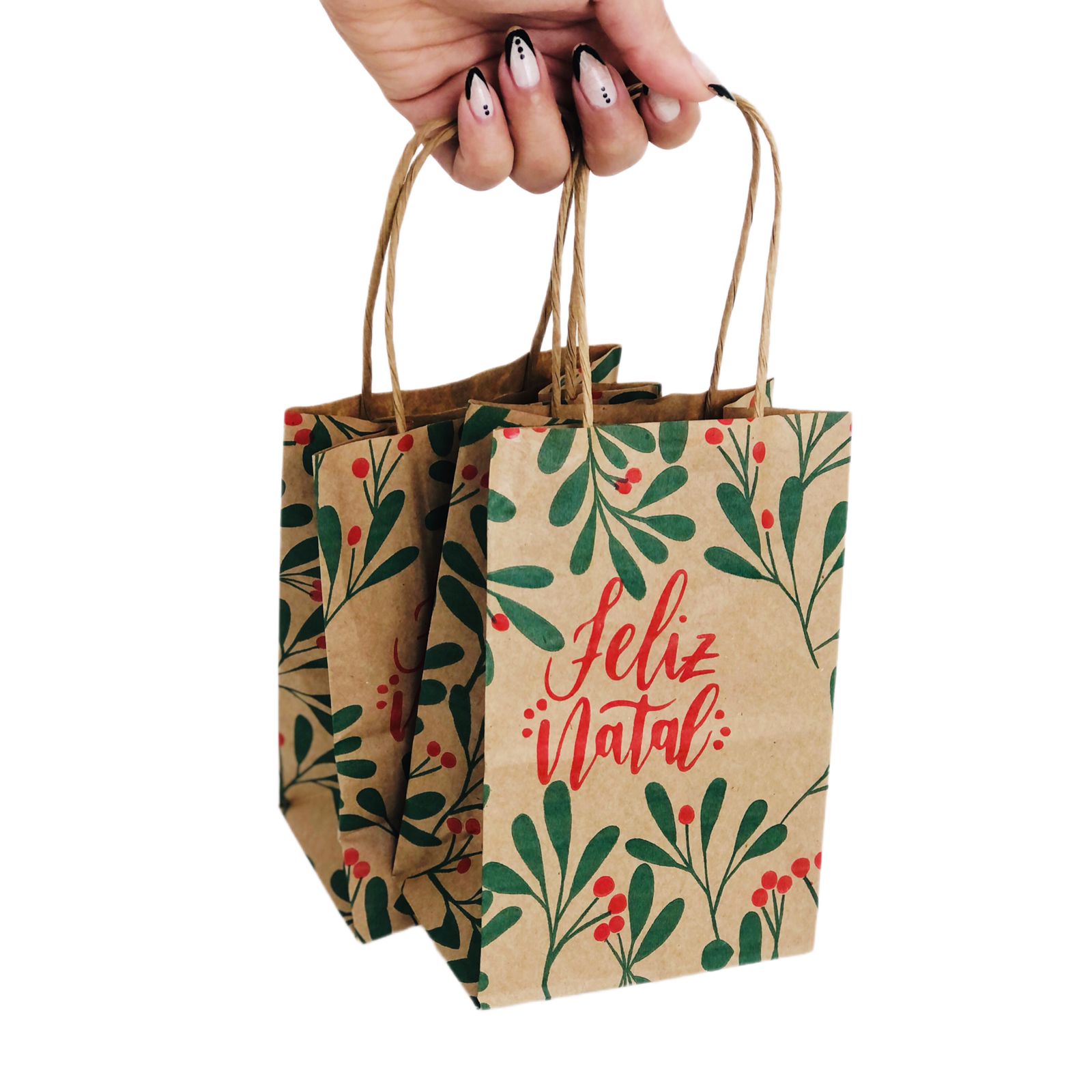 Sacola Kraft (12 x 8 x 18 cm)  Folhas de Natal - 100 unidades