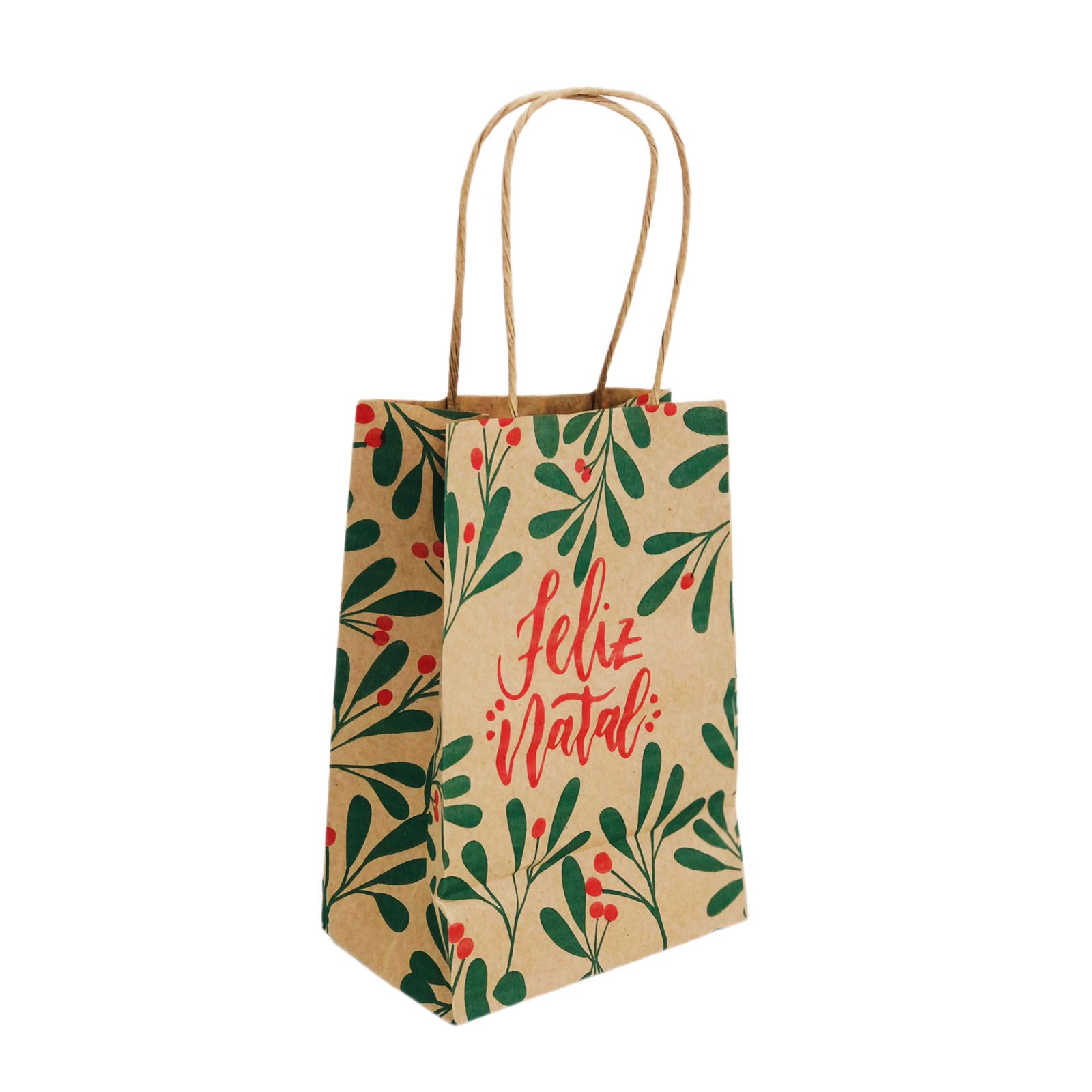 Sacola Kraft (12 x 8 x 18 cm)  Folhas de Natal - 100 unidades