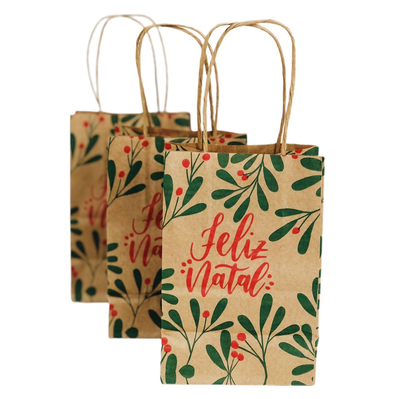 Sacola Kraft (12 x 8 x 18 cm)  Folhas de Natal - 100 unidades