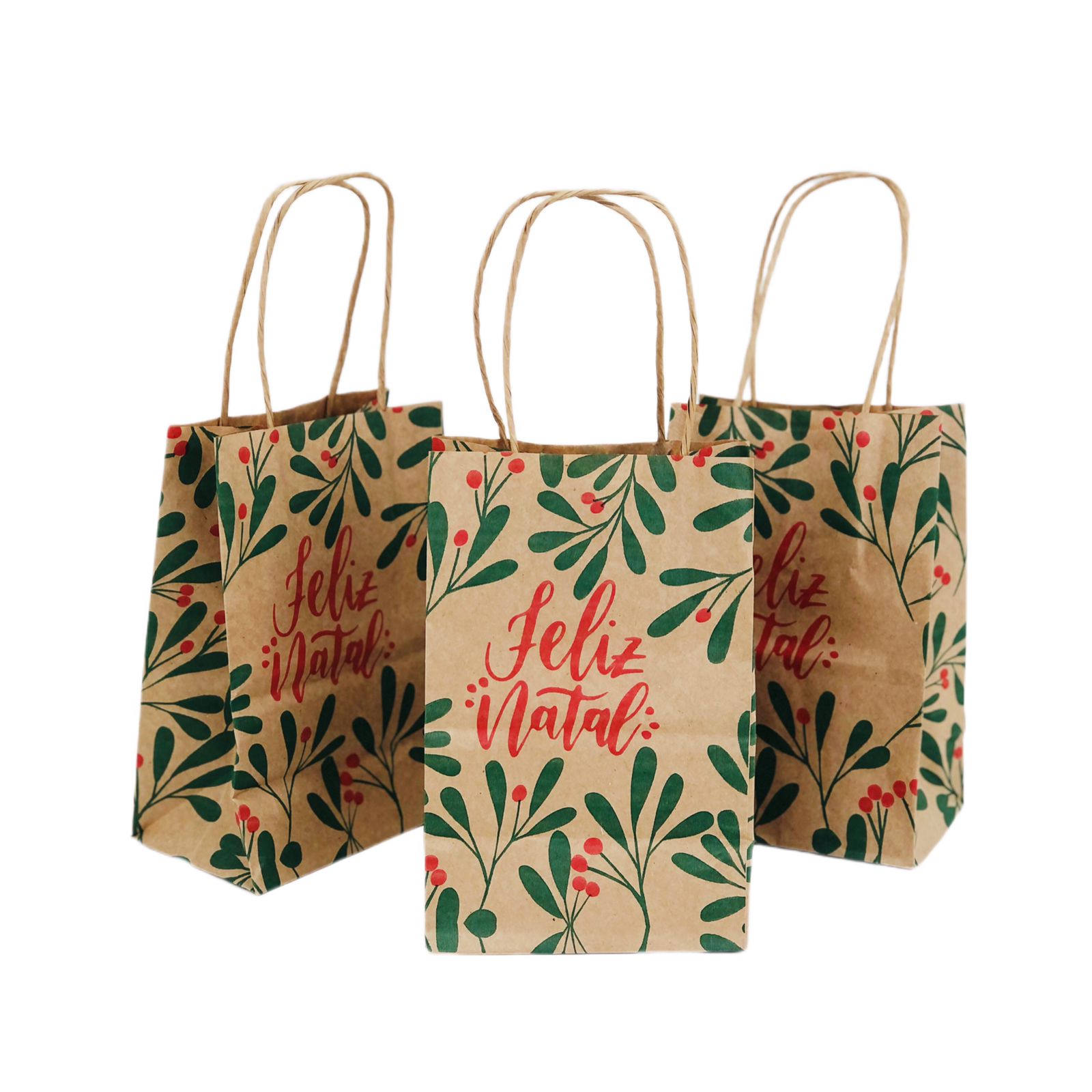 Sacola Kraft (12 x 8 x 18 cm)  Folhas de Natal - 100 unidades