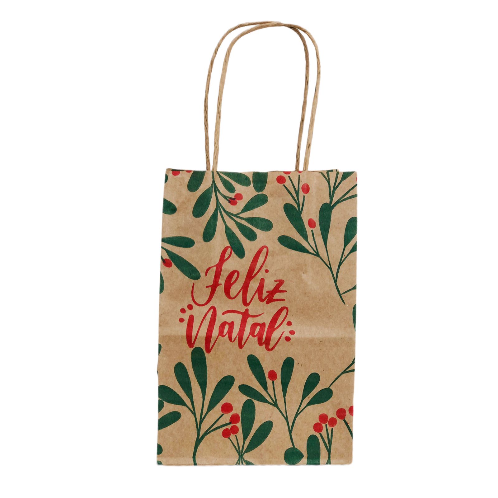 Sacola Kraft (12 x 8 x 18 cm)  Folhas de Natal - 100 unidades
