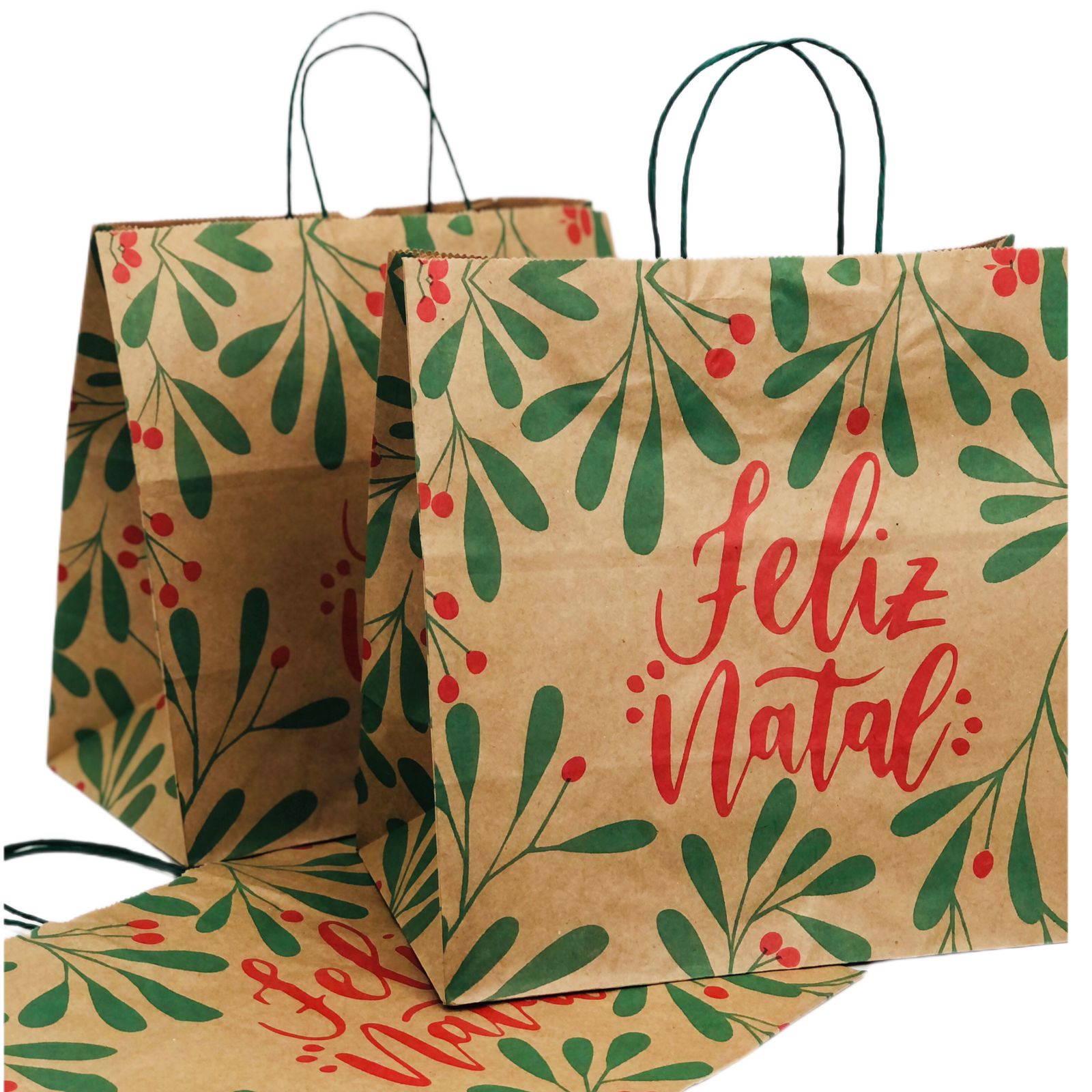 Sacola Kraft (31 x 19 x 31 cm) Folhas de Natal - 100 unidades