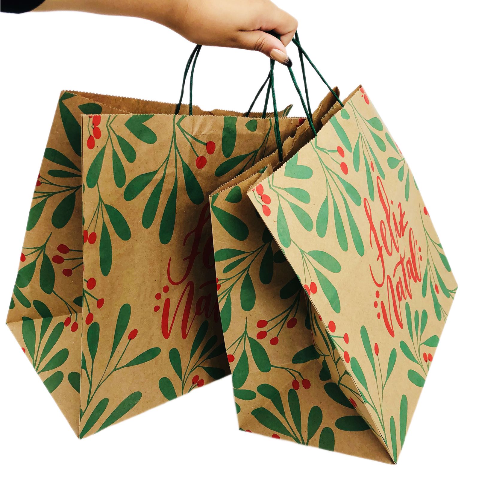 Sacola Kraft (31 x 19 x 31 cm) Folhas de Natal - 100 unidades