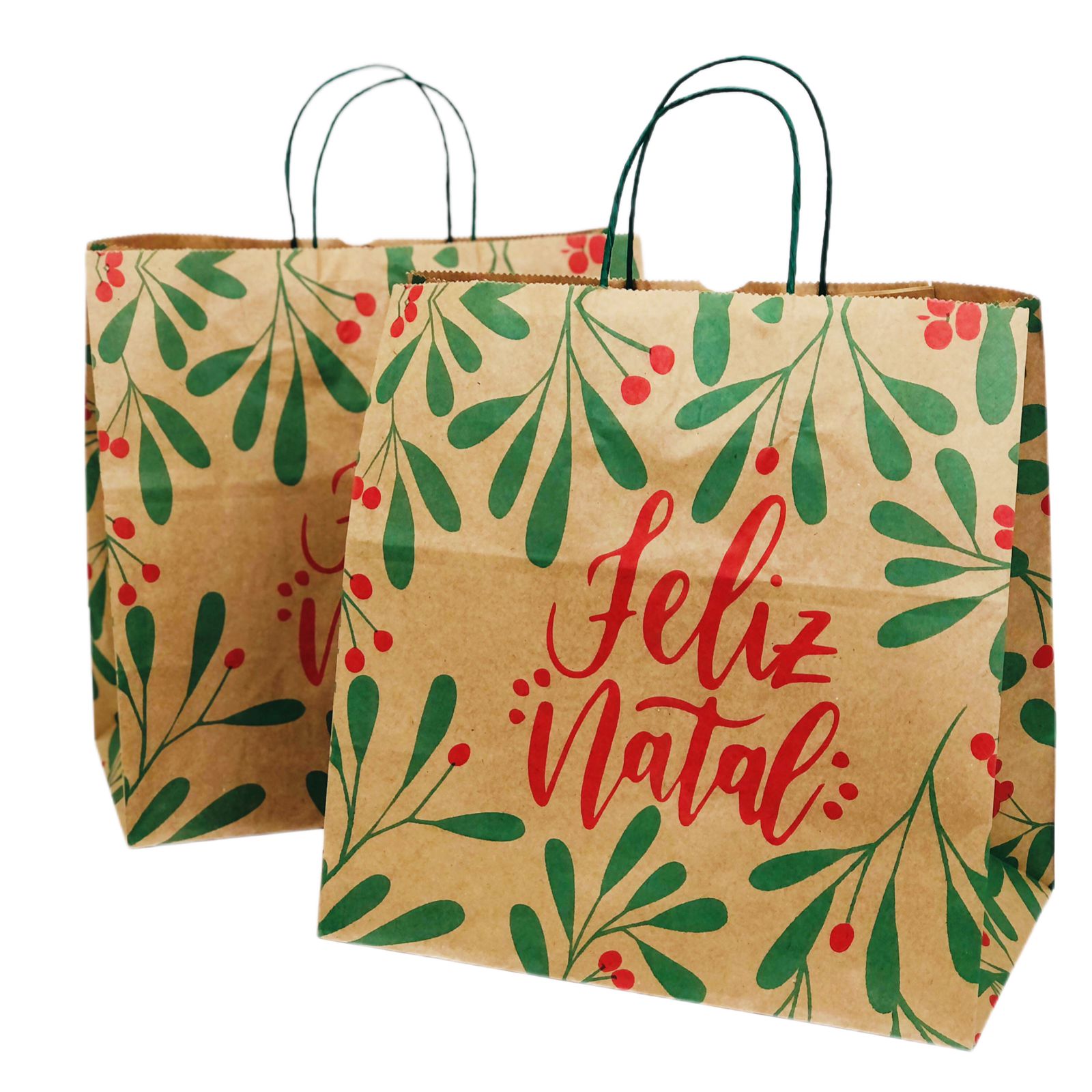Sacola Kraft (31 x 19 x 31 cm) Folhas de Natal - 100 unidades
