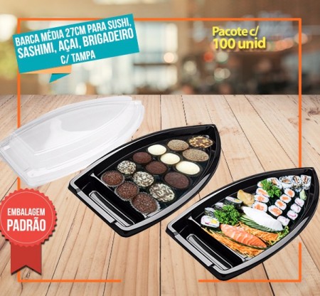 Barco 26 x 15,5 cm (Boat Médio) 500ml para sushi, sashimi, açai, brigadeiro - C/ TAMPA - 100 unds