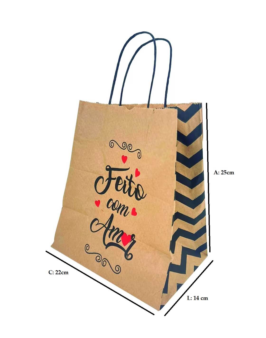 Sacola Kraft (22 x 14 x 25 cm) Feito com Amor - 100 Unidades