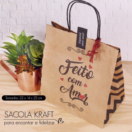 Sacola Kraft (22 x 14 x 25 cm) Feito com Amor - 100 Unidades