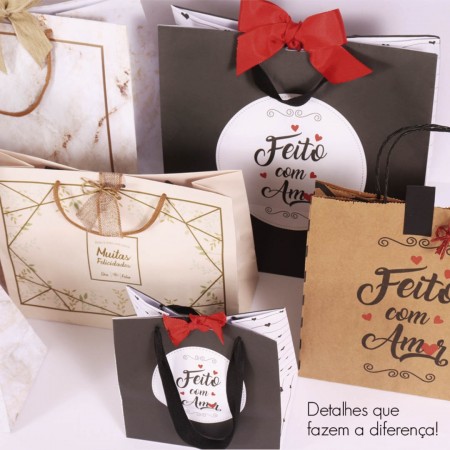Sacola Kraft (22 x 14 x 25 cm) Feito com Amor - 100 Unidades